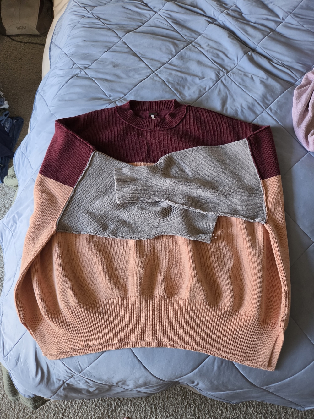 Free People Colorblock Crewneck Sweater in Burgundy, Gray, and Peach